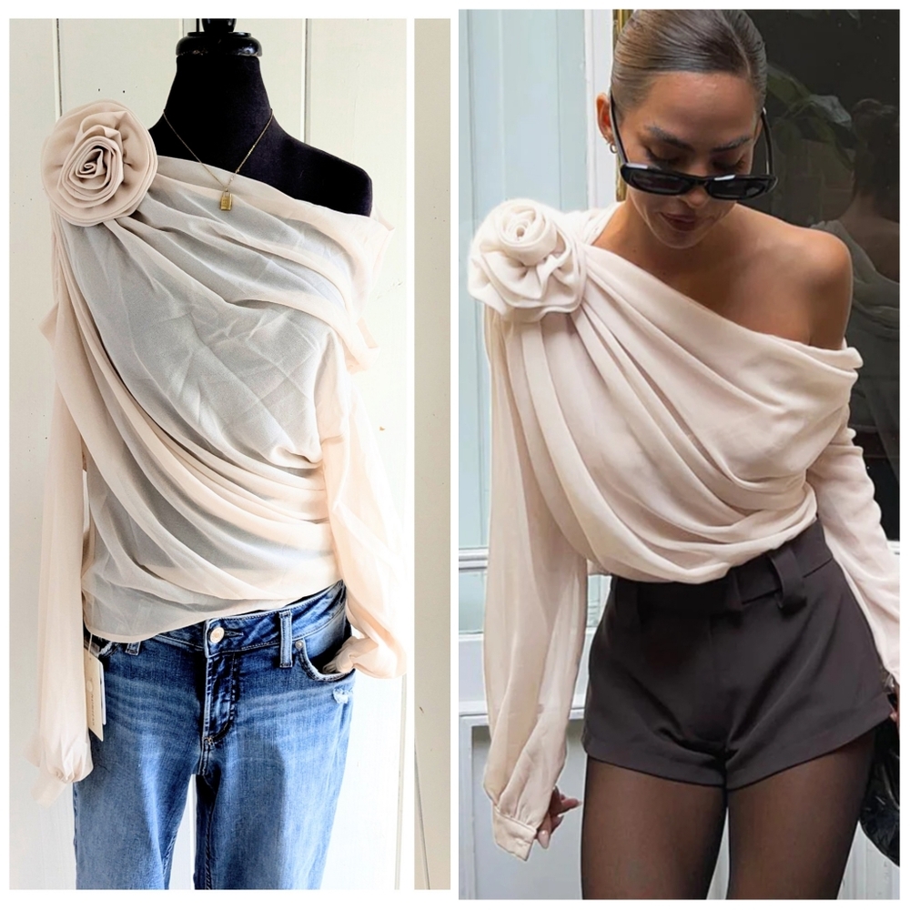 Commense Off-Shoulder Chiffon Blouse with Floral Detail NWT sz S